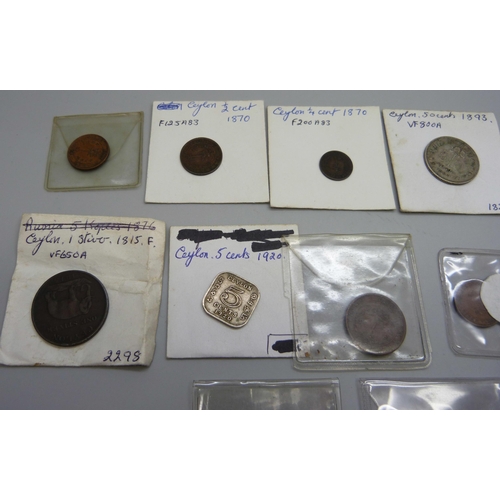 1097 - A collection of Ceylon coins, mainly 19th Century, includes 1920 silver five cents, 1893 silver fift... 