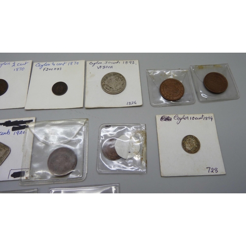 1097 - A collection of Ceylon coins, mainly 19th Century, includes 1920 silver five cents, 1893 silver fift... 