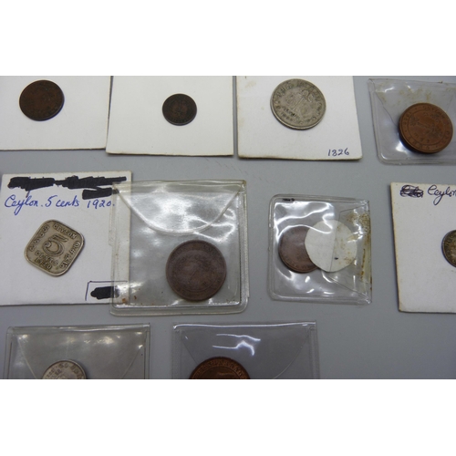 1097 - A collection of Ceylon coins, mainly 19th Century, includes 1920 silver five cents, 1893 silver fift... 