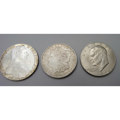 1098 - Five coins; two Marie Theresia Thaler, 1921 US Morgan Dollar, 1974 Eisenhower Dollar and a 1995 silv... 