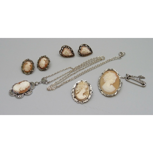 1101 - Silver cameo jewellery - two brooches, a pendant and two pairs of earrings, 23g