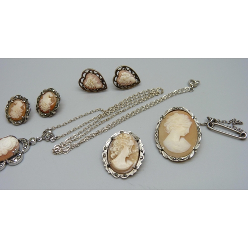 1101 - Silver cameo jewellery - two brooches, a pendant and two pairs of earrings, 23g