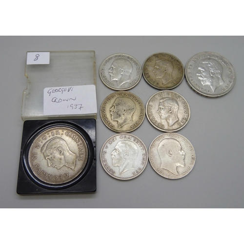 1105 - Two crowns, 1935 and 1937, a collection of half crowns including Edward VII and three pre-1947