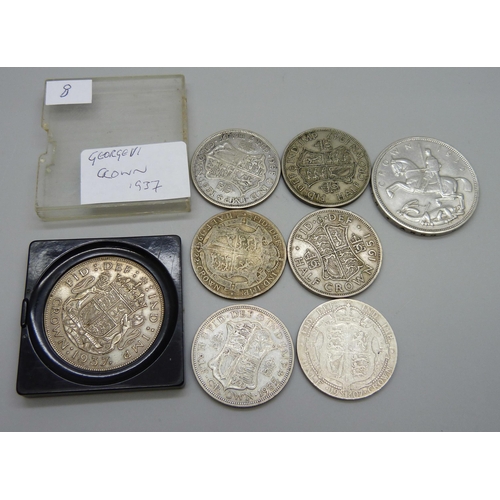 1105 - Two crowns, 1935 and 1937, a collection of half crowns including Edward VII and three pre-1947