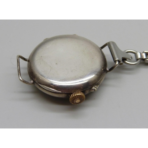 1122 - A silver cased wristwatch, GS, London import mark, 1917