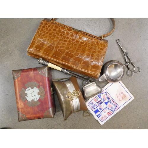 1146 - A collection of items including 1950s handbag, purse, stamps, a jewellery box with jade style panel ... 