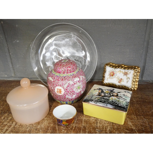 1149 - A collection of china and glassware including a ginger jar, wall pocket, Gray's pottery box, a RCR c... 