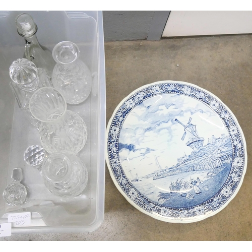 1158 - A box of five crystal decanters and carafe and a Delft blue and white charger **PLEASE NOTE THIS LOT... 