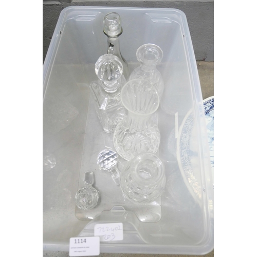 1158 - A box of five crystal decanters and carafe and a Delft blue and white charger **PLEASE NOTE THIS LOT... 