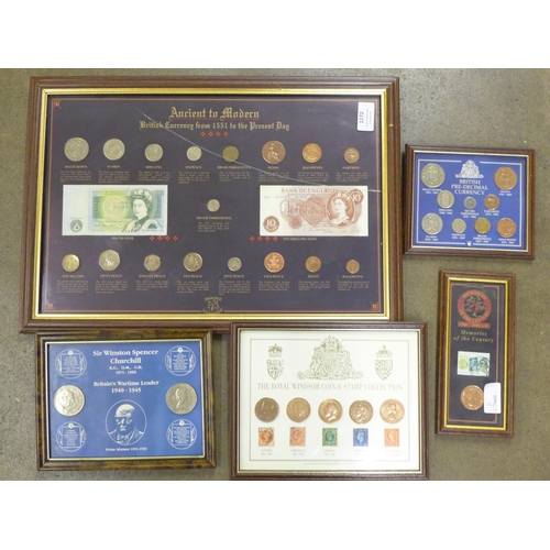 1172 - Five framed and mounted coins, stamps, bank notes **PLEASE NOTE THIS LOT IS NOT ELIGIBLE FOR IN-HOUS... 