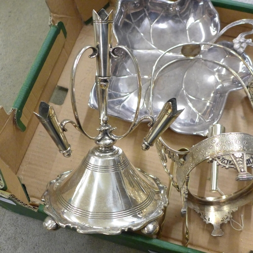 1173 - A collection of silver plated items including a bowl in the form of a leaf, an epergne stand, candel... 