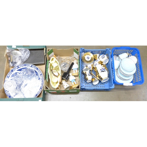 1176 - Four boxes of assorted china including Sylvac, an Art Deco glass dressing table set, a Delft charger... 