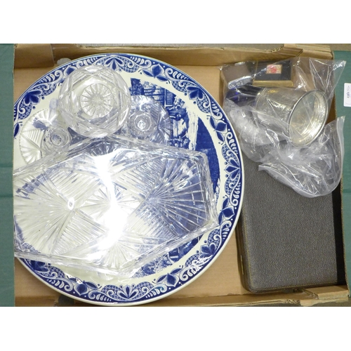 1176 - Four boxes of assorted china including Sylvac, an Art Deco glass dressing table set, a Delft charger... 