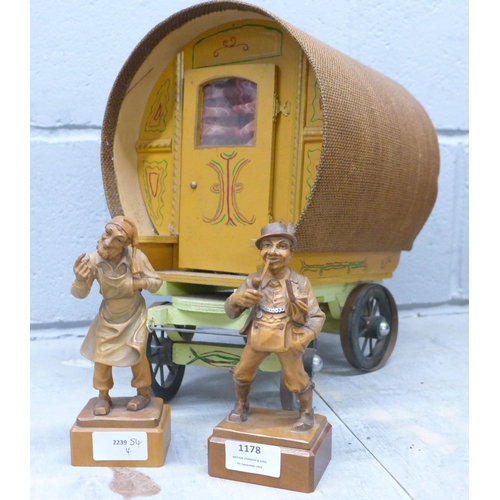 1178 - Two carved wooden German figures and a model of a Romany caravan **PLEASE NOTE THIS LOT IS NOT ELIGI... 