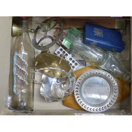 1179 - A box of assorted items, ship in bottle, brass compass, Universal slide rule, barometer, linen, etc.... 