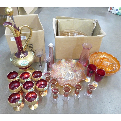 1186 - Carnival glass and ruby glass with gilt detail **PLEASE NOTE THIS LOT IS NOT ELIGIBLE FOR IN-HOUSE P... 