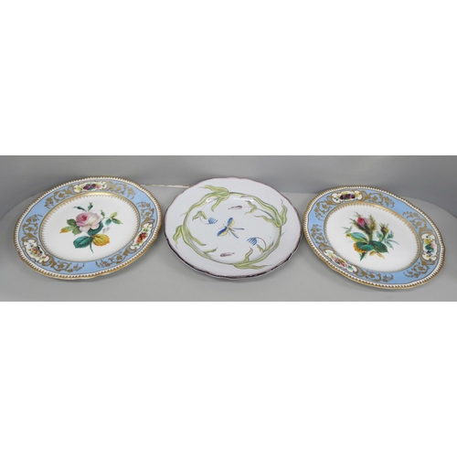 601 - A pair of hand painted cabinet plates and a French plate, French plate rim a/f, 22.5cm