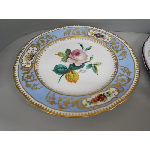 601 - A pair of hand painted cabinet plates and a French plate, French plate rim a/f, 22.5cm