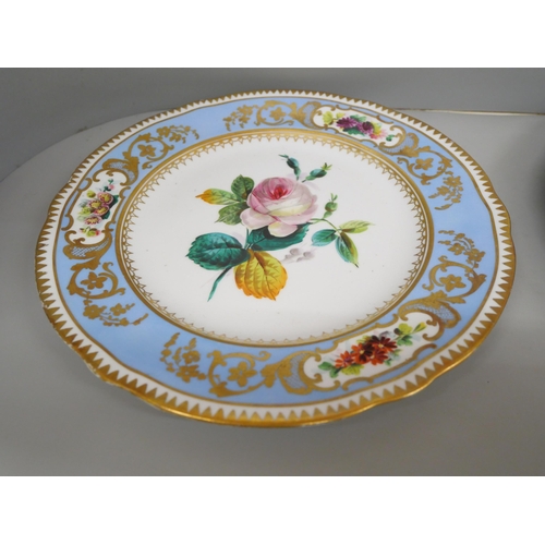 601 - A pair of hand painted cabinet plates and a French plate, French plate rim a/f, 22.5cm