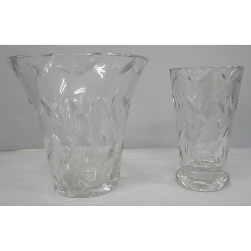 602 - Two Clyne Farquharson crystal glass vases with leaf design, both signed and dated, tallest 16cm, bot... 