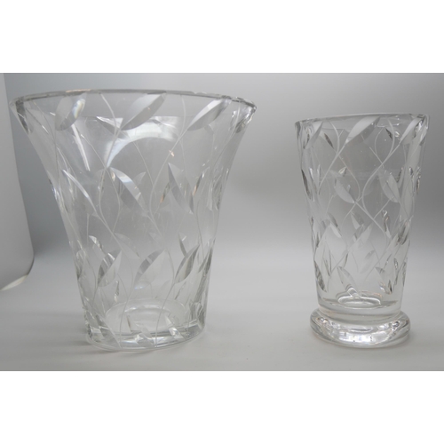 602 - Two Clyne Farquharson crystal glass vases with leaf design, both signed and dated, tallest 16cm, bot... 