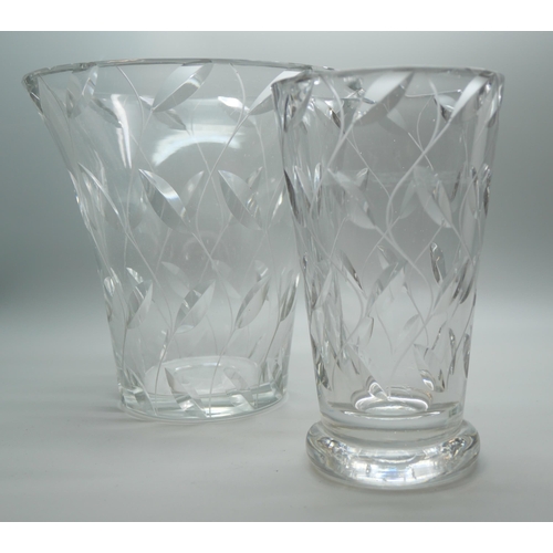 602 - Two Clyne Farquharson crystal glass vases with leaf design, both signed and dated, tallest 16cm, bot... 