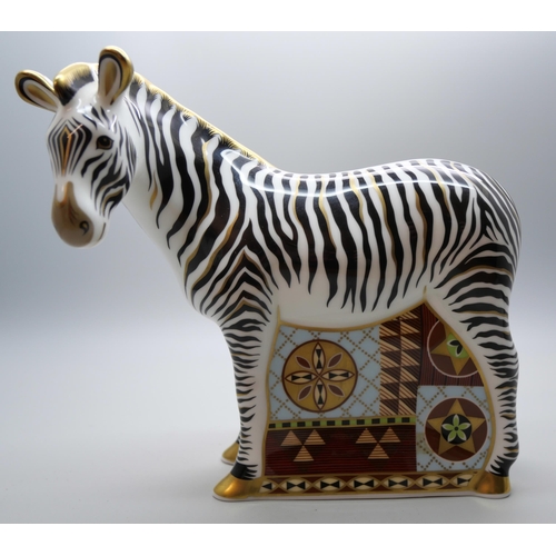 604 - A Royal Crown Derby paperweight, Zebra, with gold stopper and box