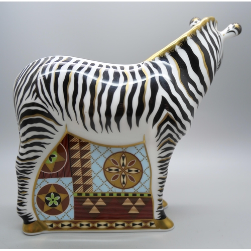 604 - A Royal Crown Derby paperweight, Zebra, with gold stopper and box