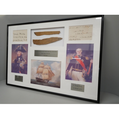 610 - Lord Nelson, Battle of Trafalgar, display with correspondence from Nelson to Hardy, also two small p... 