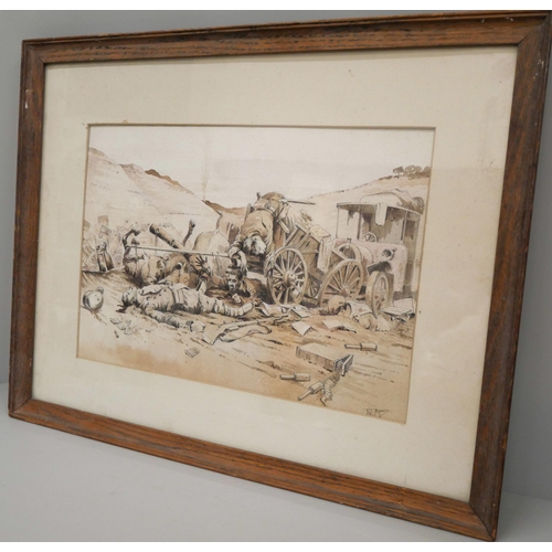 615 - T. Moody, WWI scene, fallen German soldiers, pen and ink drawing, frame 52cm wide