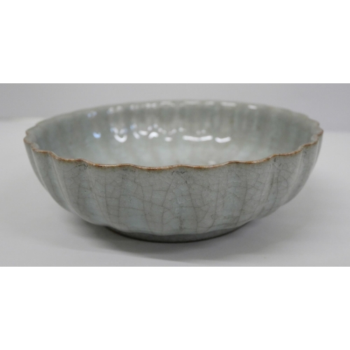 622 - A Celadon wavy edge bowl, 15.5cm