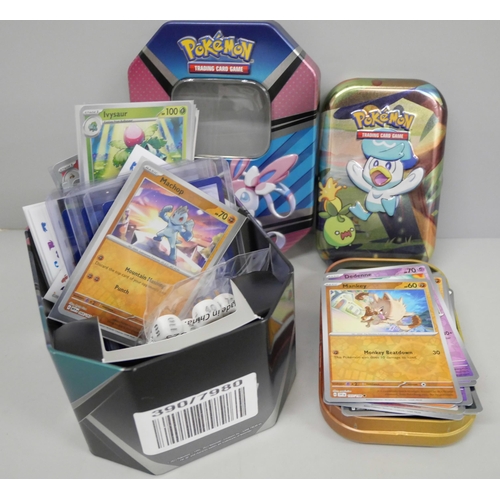 654 - Pokémon tins with holographic cards including 151 scarlet and violet reverse holographic Black Star ... 