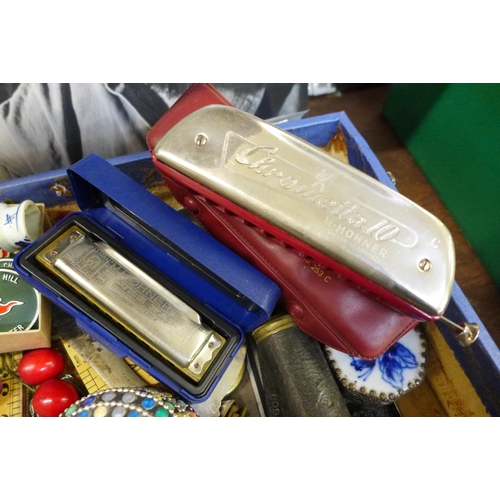 675 - Two Harmonicas, wooden rulers and other items