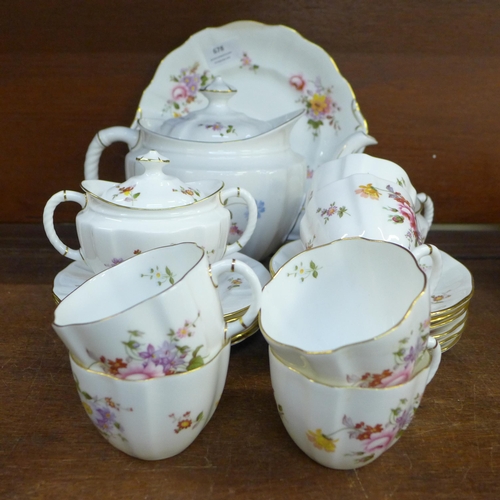 678 - A six setting Royal Crown Derby Derby Posies pattern tea set with milk jug, sugar bowl, tea pot and ... 