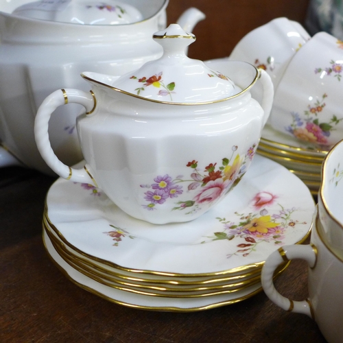 678 - A six setting Royal Crown Derby Derby Posies pattern tea set with milk jug, sugar bowl, tea pot and ... 