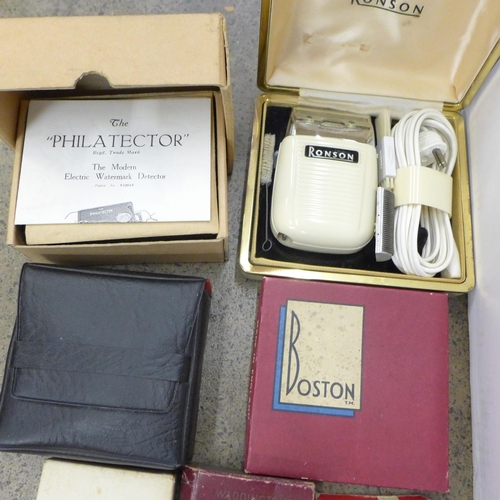 732 - Card games, Clairol hairdryer, Ronson shaver, watermark detector, Boston Garter, etc.