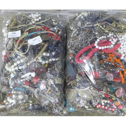 736 - Two bags of costume jewellery