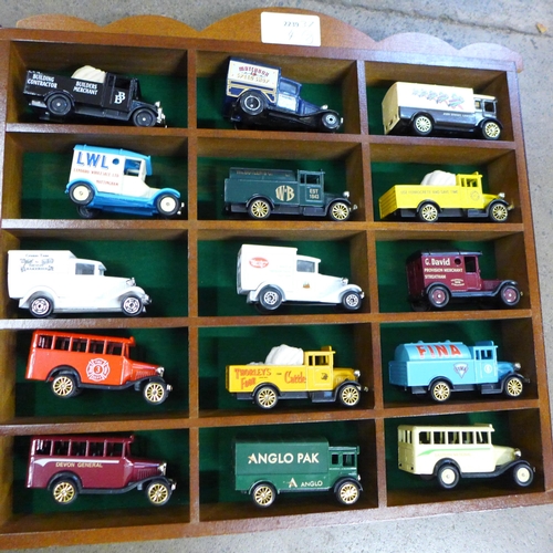 787 - Two display cabinets, each complete with fifteen vehicles with advertising