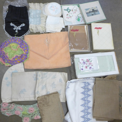 789 - A collection of embroidered linen, a beadwork bag, lace, etc.