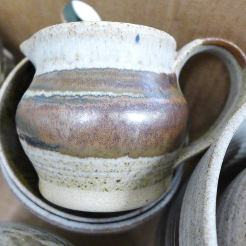 802 - A collection of studio pottery including a set of Grindon signed mugs, jug and three bowls **PLEASE ... 