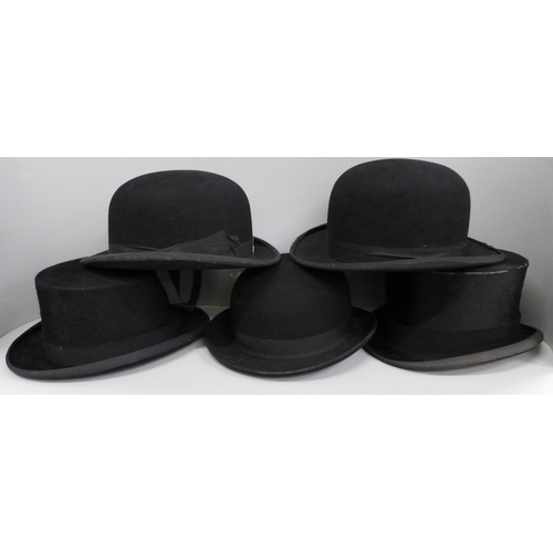 808 - Three bowler hats and two Deadman short top hats