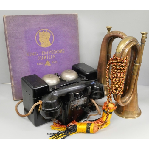 817 - A field telephone, two bugles and a George V Jubilee book