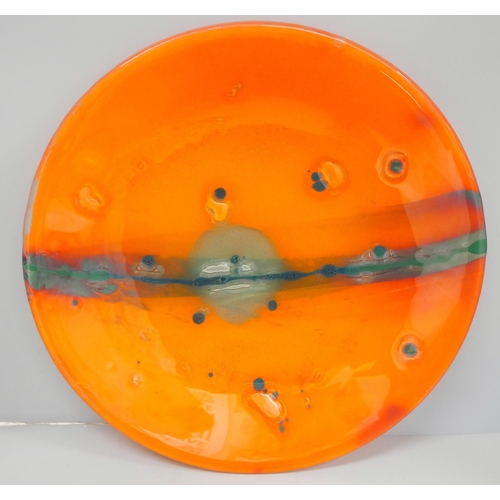 822 - A glass studio dish, signed, 37cm