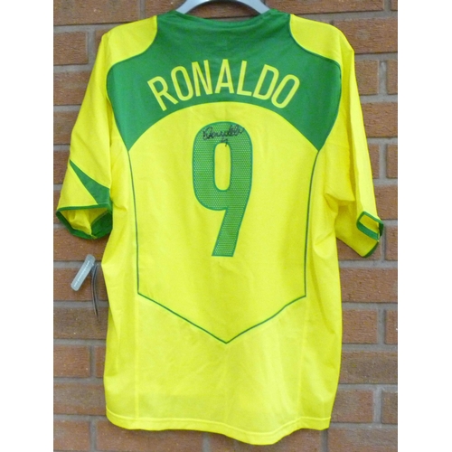 838 - Ronaldo; a signed Brazil football shirt, No.9 Ronaldo, signed on the reverse, no CoA