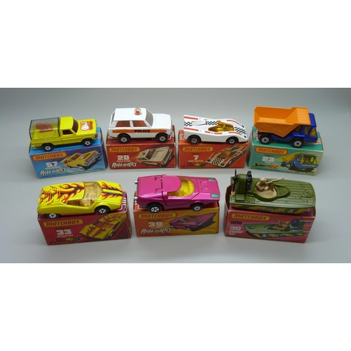 847 - Seven Matchbox 75 die-cast vehicles;  No39 Rola-Matics Clipper, No30 Swamp Rat, No33 Datsun 126X, No... 