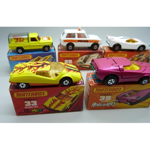 847 - Seven Matchbox 75 die-cast vehicles;  No39 Rola-Matics Clipper, No30 Swamp Rat, No33 Datsun 126X, No... 