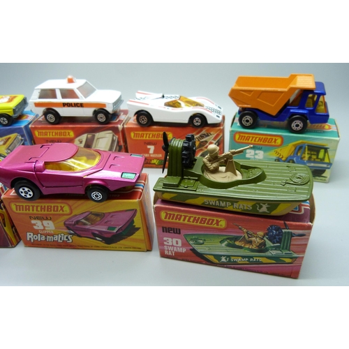 847 - Seven Matchbox 75 die-cast vehicles;  No39 Rola-Matics Clipper, No30 Swamp Rat, No33 Datsun 126X, No... 