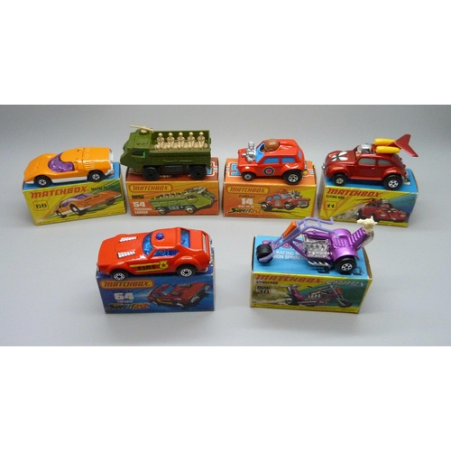 848 - Six Superfast Matchbox vehicles including three 75; No11 Flying Bug, No14 Mini-Ha-Ha, No38 Stingeroo... 