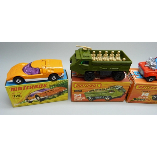 848 - Six Superfast Matchbox vehicles including three 75; No11 Flying Bug, No14 Mini-Ha-Ha, No38 Stingeroo... 