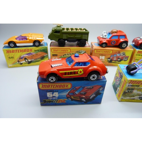 848 - Six Superfast Matchbox vehicles including three 75; No11 Flying Bug, No14 Mini-Ha-Ha, No38 Stingeroo... 